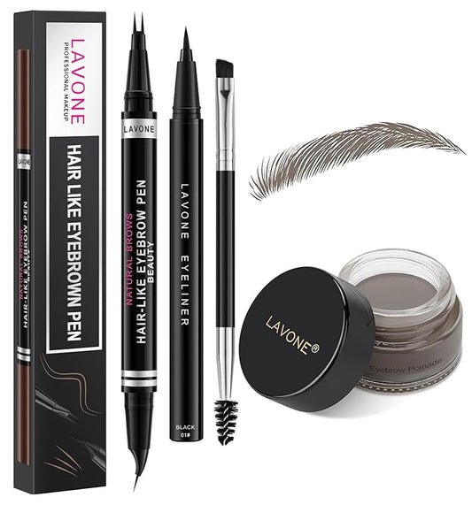 LAVONE Hair-Like Eyebrow Pen Makeup kit, Eyebrow Pencils for Women with Waterproof Microblading Eyebrow Pencil, Eyebrow Pomade, Eyeliner and Eyebrow Brush, Create Full, Natural Brows, Grey