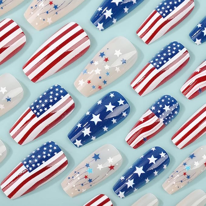 Fourth of July Press on Nails Long Square Fake Nails American Flag Stripe Design Independence Day False Nails Stars Stick on Nail Acrylic Full Cover Glue on Nail for Women DIY Salon Manicure Wear