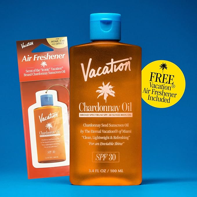 Vacation Chardonnay Oil SPF 30 + Air Freshener Bundle, Vegan Suntan Oil with Broad Spectrum SPF, Oxybenzone + Octinoxate Free Sunscreen Tanning Oil, TSA Friendly, Travel Size, 3.4 fl. Oz.