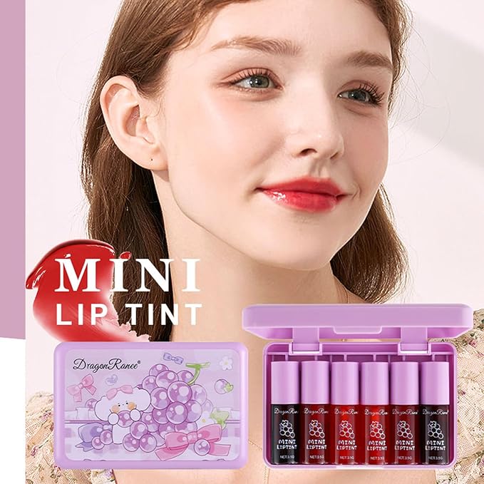 6 Colors Grapes Lip Tint Stain Set, Korean Lip Gloss Watery Lip Stain, Lipstick for Women, Lip Gloss for Girls, Blush for Cheeks, Non-Stick Cup, Waterproof, High Pigment, Lip Tint Makeup