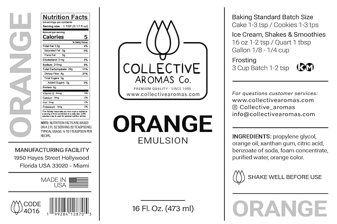 Orange Emulsion for Baking - Natural Flavoring Blend for Cookies, Cakes, Ice Cream, Smoothies, Beverages & More - 16 fl oz Kosher, Pure Orange Emulsion by Collective Aromas Co.