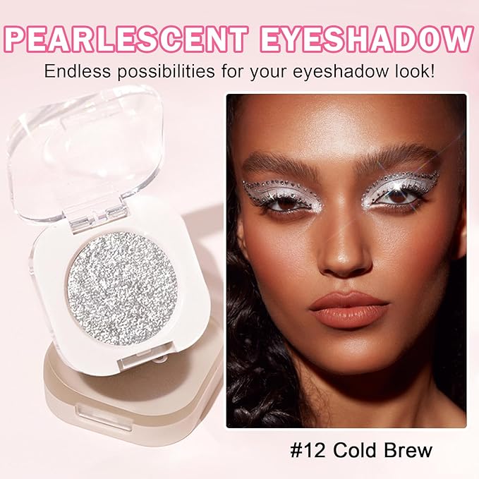 Glitter Eyeshadow Metallic Silver Single Eyeshadow,Ultra Fine Shimmer Eyeshadow Lightweight Sparkling Blendable Formula,Daily Multiuse Glossy Eyes Makeup (12 Cold Brew)