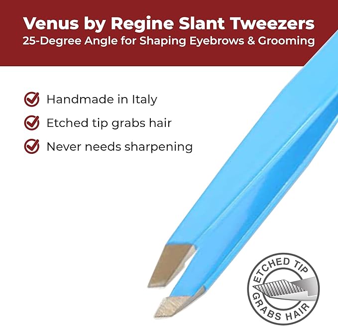 Venus by Regine Slant Tweezers - Handmade Precision Tool for Women & Men, 25-Degree Angle for Shaping Eyebrows & Grooming Facial Contours, Suitable for Eyebrow & Facial Hair Removal (Blue)
