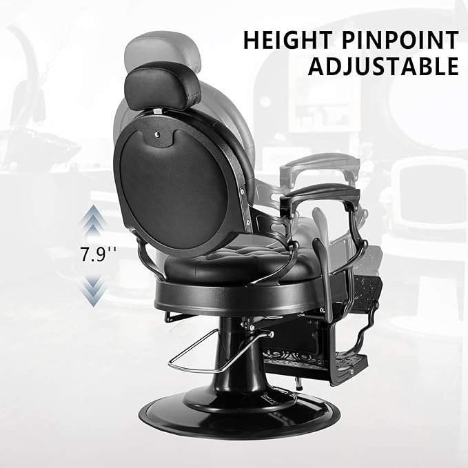OmySalon Vintage Barber Chair All Purpose Heavy Duty, Hydraulic Recline Salon Beauty Styling Chair Retro Black, 360 Degree Swivel for Hair Stylist Tattoo, Round Base, Tufted Button