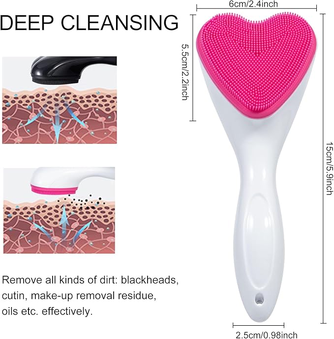 Silicone Face Scrubber Exfoliating Brush 2 Pack, Manual Handheld Facial Cleansing Brush Blackhead Scrubber, Soft Bristles Waterproof for Face Skincare (Black Hot-Pink,Heart)