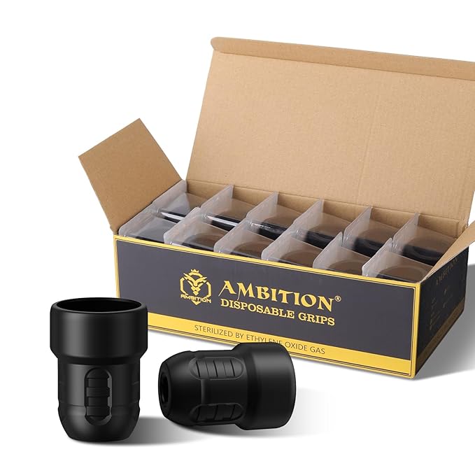 Ambition Soldier P3 Disposable Tattoo Grips - 12Pcs 32mm Professional Tattoo Rubber Grip Cover with Click Adjust System Supply for Rotary Soldier, Zetton, Torped & Shura Tattoo Pen Machine Gun