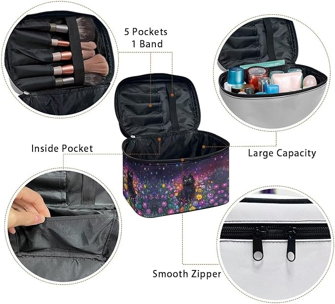 Black Cat Colorful Daisy Flower Print Travel Makeup Bags for Women Portable Tote Cosmetic Case with Carry Handle Toiletry Accessories Storage Organizer Bags
