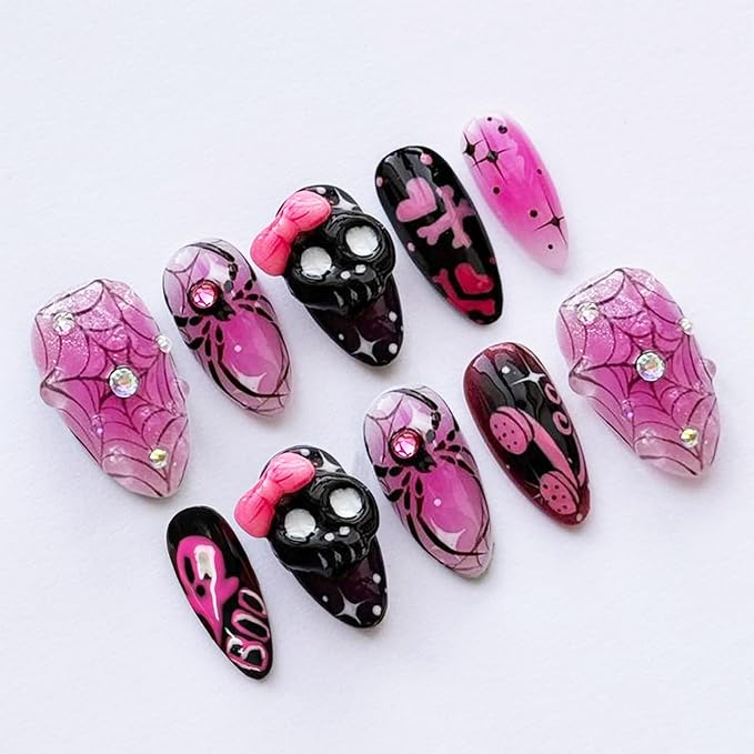 30 Pcs Halloween Press on Nails Medium Almond Fake Nails with 3D Skull Spider Web Rhinestones Designs Spider False Nail Tips Ghost Acrylic Nails Black Pink Full Cover Glue on Nails for Women