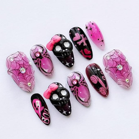 30 Pcs Halloween Press on Nails Medium Almond Fake Nails with 3D Skull Spider Web Rhinestones Designs Spider False Nail Tips Ghost Acrylic Nails Black Pink Full Cover Glue on Nails for Women