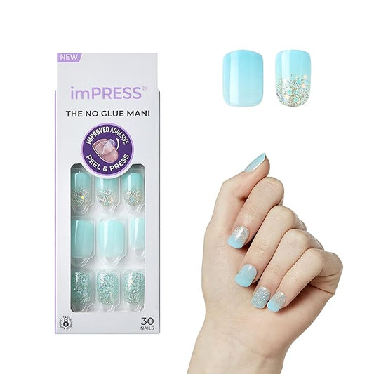 KISS imPRESS No Glue Mani Press-On Nails, Mini, 'Eternity', Medium Blue, Short Size, Squoval Shape, Includes 30 Nails, Prep Pad, Instructions Sheet, 1 Manicure Stick, 1 Mini File