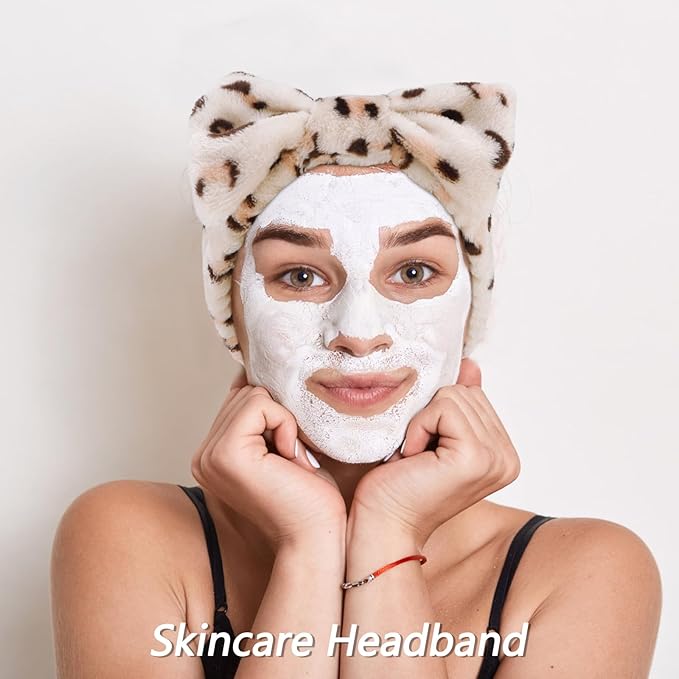 VELSCRUN 6 Pack Spa Headband, Makeup Headband, Face Wash Headbands, Skincare Headbands, Leopard Sponge Hair Band Bow Tie Spa Head Band for Washing Face Wristband Set Hair Accessories for Women Gifts
