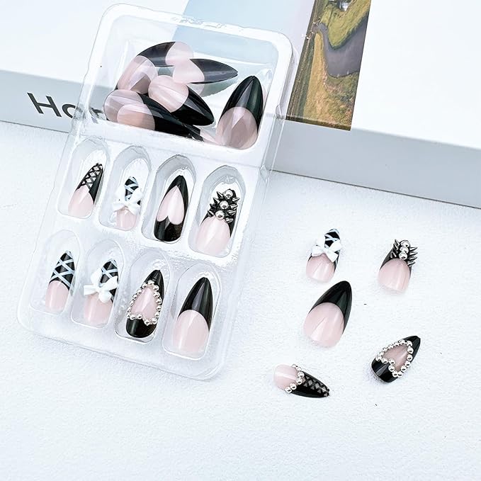 24pcs Black French Tip Press on Nails Medium Almond Fake Nails with 3D Bow Rivet Rhinestones Designs Gothic False Nails Lace Glue on Nails French Acrylic Nail Tips Full Cover Stick on Nails for Women