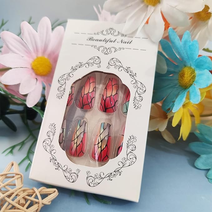 Red Ombre Press on Nails Marble Acrylic Full Cover Fake Nails 24Pcs Glossy Black Gradient Medium Coffin False Nail Crack Stick on Nail Curve Line Gel Glue on Fingernails for Holiday Manicure Art