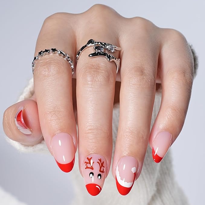 French Tip Press on Nails, Short Press on Nails Almond Reusable Glossy Red Nails Soft Gel Elk False Nails Press ons for Women, 16 Sizes 32 Count Nails Kit with Glue (SV-14)