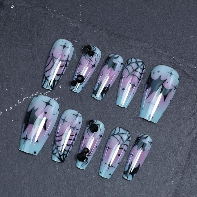 30Pcs Goth Press on Nails Medium Coffin Fake Nails Blue Laser Chrome with Black Spider Bat Glitter Designs Full Cover Y2k Glue on Nails Halloween False Nails Stick on Nail for Women Acrylic DIY
