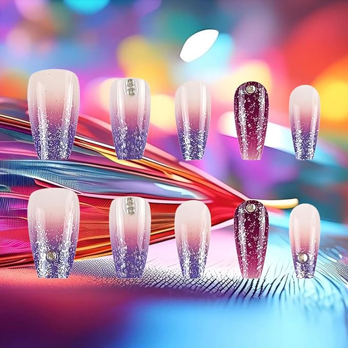 24Pcs Purple Gradient Press on Nails Glossy Silver Glitter Medium Coffin False Nail Ombre Acrylic Full Cover Fake Nails Rhinestones Gel Glue on Fingernail French Stick on Nail for Holiday Manicure Art