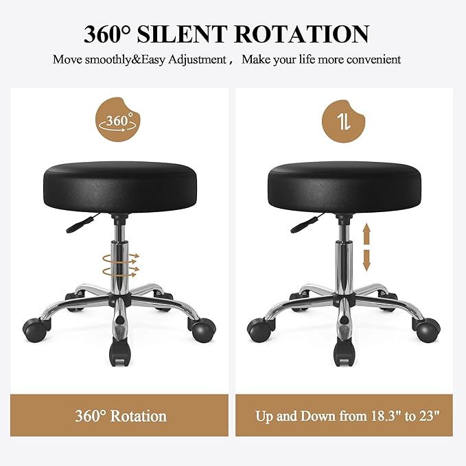 SHA CERLIN Rolling Stool with Wheels Swivel Shop Salon Chair Adjustable Drafting Massage Medical Tattoo Spa with PU Leather Cushioned,Black and Silver
