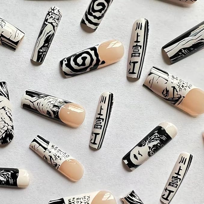 24Pcs Long Press on Nails Square French Tip Fake Nails Black White Punk Acrylic Nails Cartoon Anime Design Full Cover False Nails with Design Artificial Glue on Nails for Women Manicure Decoration