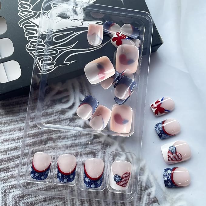 24Pcs 4th of July Nails French Tip Press on Nails with Designs Short Square Fake Nails Red White Glitter Nail Tips Acrylic Stick on Nails Full Cover Glue on Nails for Women Holiday Manicure Decoration