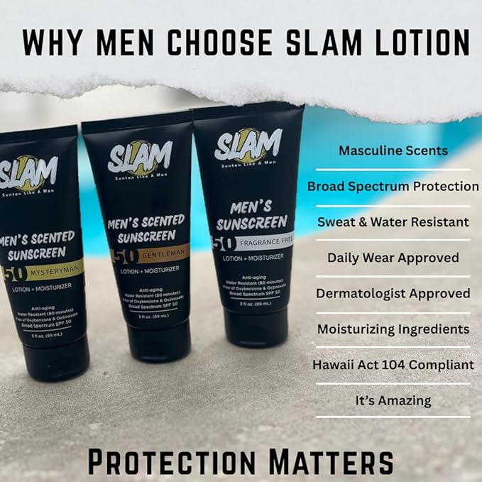 SLAM GentleMan Men's Sunscreen Lotion SPF 50 & Moisturizer – Face & Body Sunblock, Anti-Aging, Water-Resistant, Hawaii Act 104 Safe, Skincare for Men, Cologne Scented – 3 fl oz. each. Double pack.