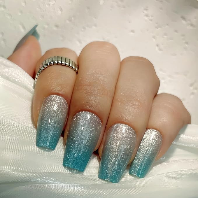 Mint Green Cat Eye Press On Nails - 30PCS Medium Coffin Nails, 9 Sizes for Smaller Nail Beds, Soft Back, Strong Tip, Universal Fit for Spring and Summer