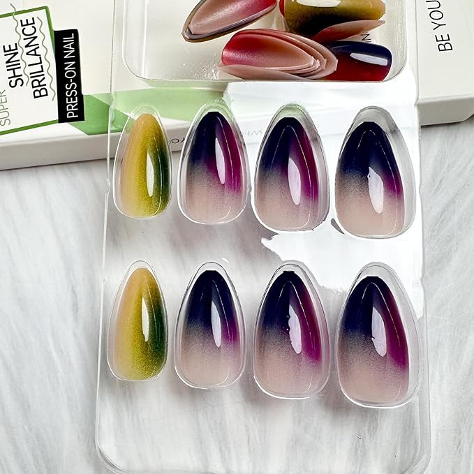 24Pcs Colorful Press on Nails Medium Almond Fake Nails Rainbow Smudge Stitching Acrylic Nails False Nails Mix-Color Ombre Full Cover Glue on Nails Sweet Summer Stick on Nails for Women Decor
