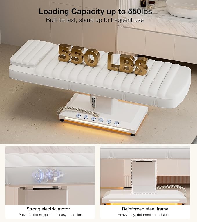 Paddie Professional Fully Electric Spa Chair, 3 Motor Esthetician Spa Bed with LED Light, Motorized Height & Angle Adjustable for Facial & Medical, 550lbs Capacity, White