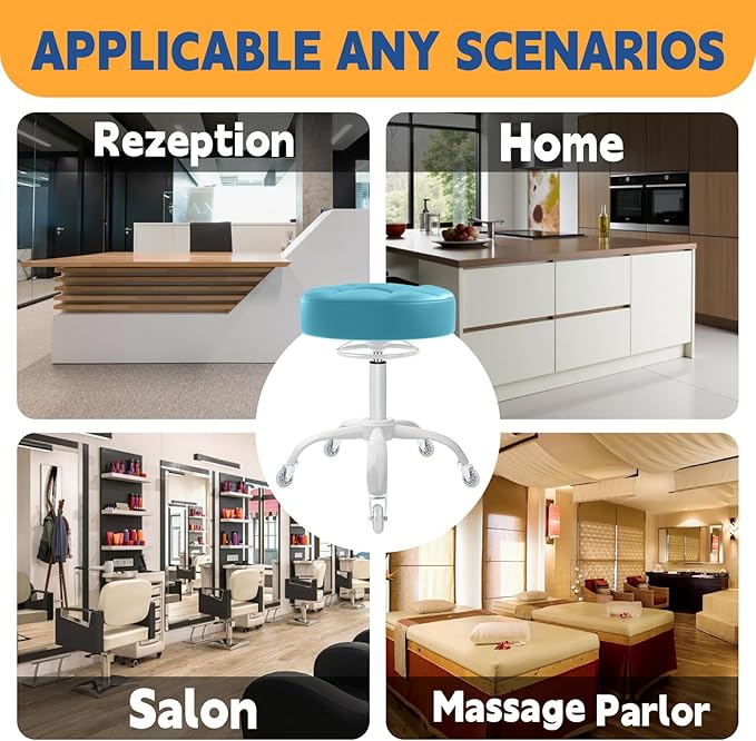 Rolling Stool Heavy Duty 400lb: Super Soft Seat Cushion,360° Swive,Height Adjustability,No Squeaky Noises,No Tip Over,New Upgraded stool Salon Stool Chair, Tattoo Facial Massage Spa Medical(Cyan)