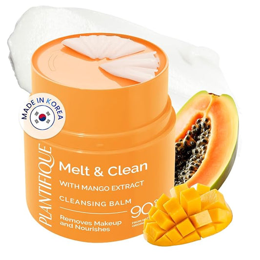 PLANTIFIQUE Korean Cleansing Balm Makeup Remover with Mango & Papaya Extracts, Hyaluronic Acid and Ceramide - Nourishing Melting Cleanser for All Skin Types 1.41 oz / 40 g (Unscented 40)