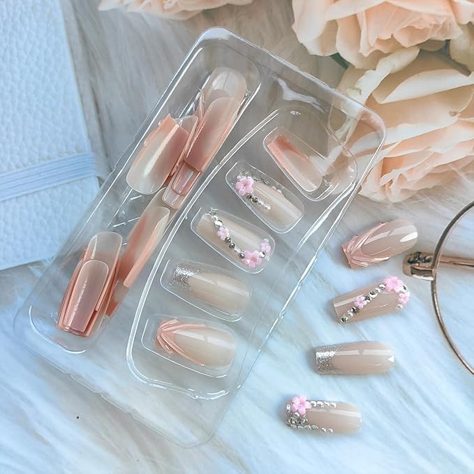 24Pcs French Tip Press on Nails Medium Square Fake Nails 3D Nail Tip Design Glue on Nails Flower Charms Rhinestone Full Cover Luxury Acrylic Nails Nude Pink Artificial False Nails Kits for Women