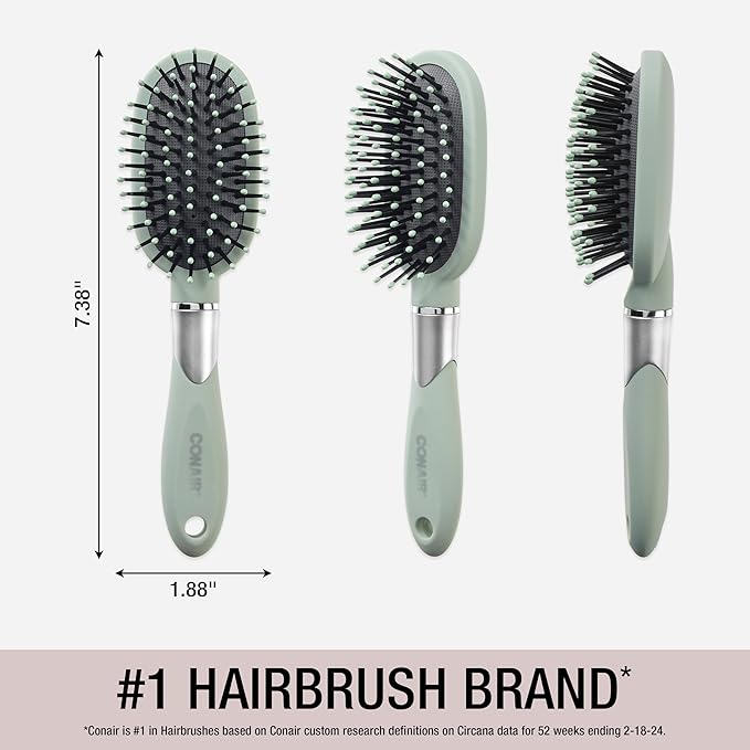 Conair Velvet Touch oval cushion hair brush - Travel Hairbrush- Detangling - ideal for curly or straight styles - detangler brushes - women or men - Sage Green