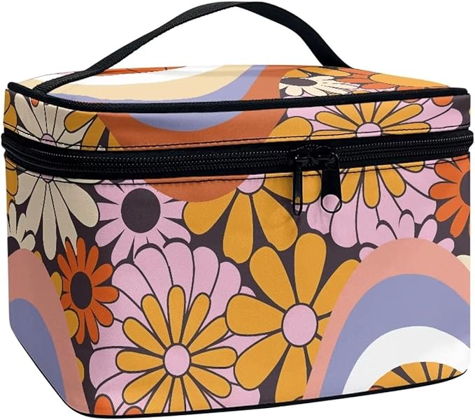 Hippie Daisy 70s 80s Wavy Swirl Design Makeup Bags for Women Large Capacity Toiletry Organizer Bags Portable Tote Cosmetic Pouch with Carry Handle and Brushes Slots Travel Sccessories