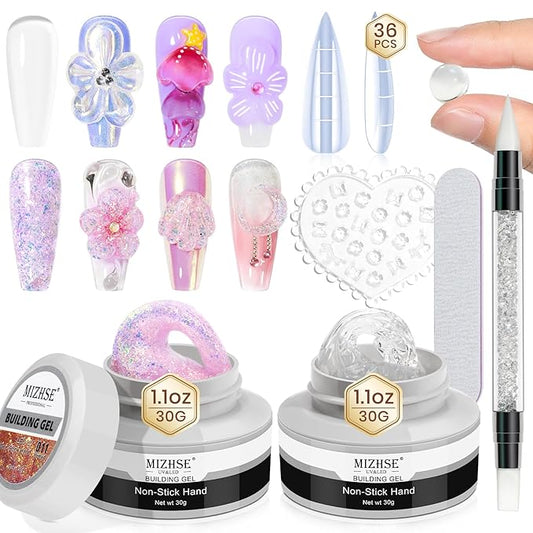 MIZHSE 2PCS Solid Builder Gel for Nails: 30g/1oz Clear & Pink Glitter Hard Gels for Nails 3D Gel with Dual Forms 3D Silicone Mold Soak off U V Builder Gels for Nail Art Manicure Home DIY