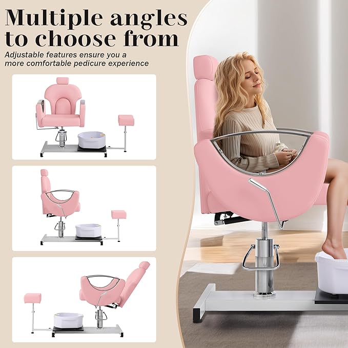 Pedicure Station No Plumbing, Hydraulic Pedicure Chair for Nail Tech, Height Adjustable Reclining Pedicure Station Unit, 360 Degree Swivel Foot Spa Chair with Massage Foot Bath (Rose Color)