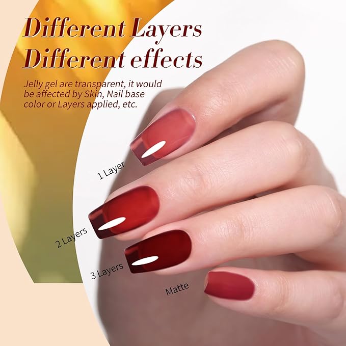 Born Pretty Jelly Gel Nail Polish Fall Winter Amber Crystal Transparent Sheer Clear Gel Polish Red Coral Burnt Orange Green Blue Amber Brown 6 Colors Manicure Kit