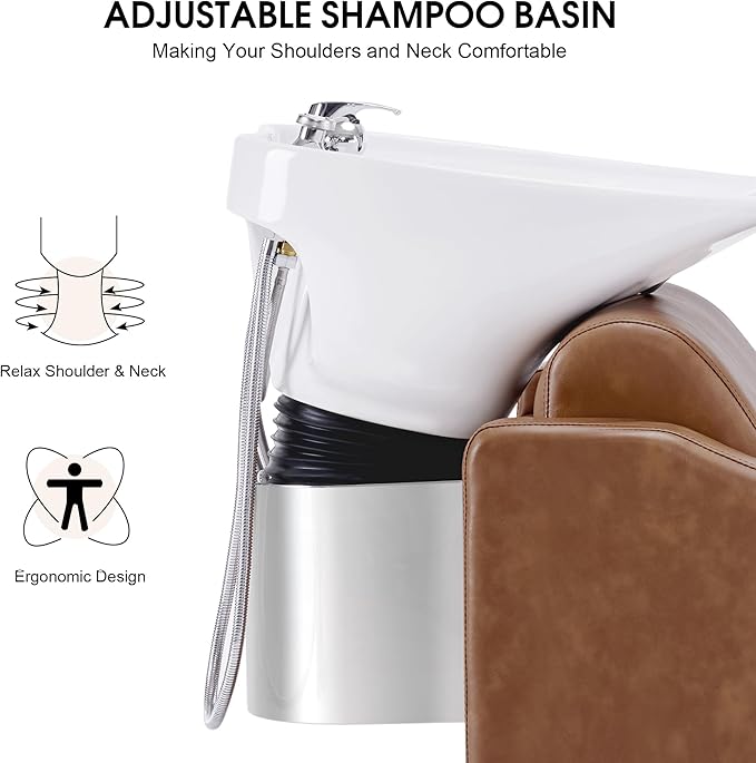 BarberPub Backwash Shampoo Station Chair, Adjustable Porcelain Ceramic Hair Wash Bowl with Chair, Shampoo Station for Barber Shop, Spa Beauty Salon Equipment 9364 (Brown)