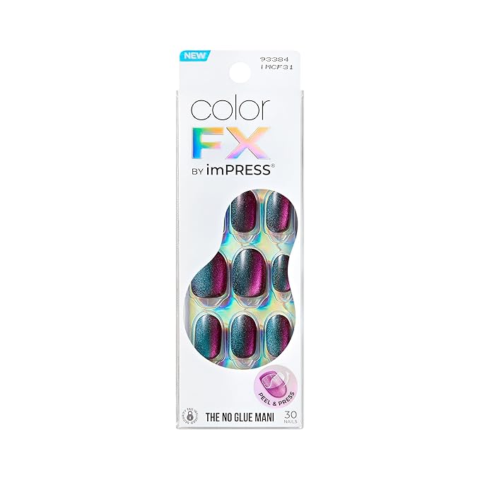 KISS colorFX by imPRESS Press On Nails , 'Before Hours', Black, Short Size, Oval Shape, Includes 30 Fake Nails, Prep Pad, Instructions Sheet, 1 Manicure Stick, 1 Mini File