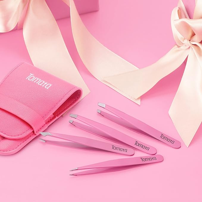 Tweezers for Eyebrows, Slant Tip and Pointed Eyebrow Tweezer Set Great Precision for Eyebrows Facial Hair, Ingrown Hair, Splinter, Blackhead and Tick Remover (4-piece) (pink)
