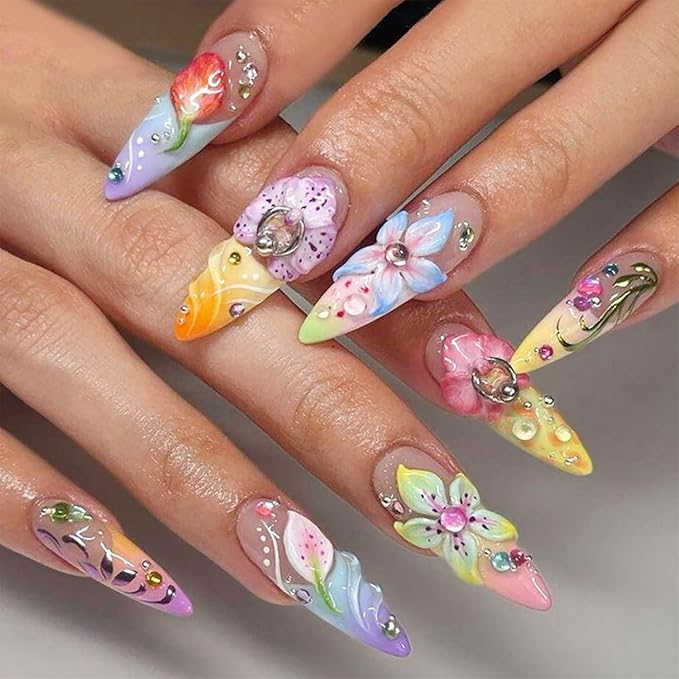 Flower Press on Nails Medium Almond Fake Nails with 3D Colorful Flower Rhinestone Designs French Tip False Nails Reusable Artificial Nails Glossy Full Cover Spring Glue on Nails for Women Girls 24Pcs
