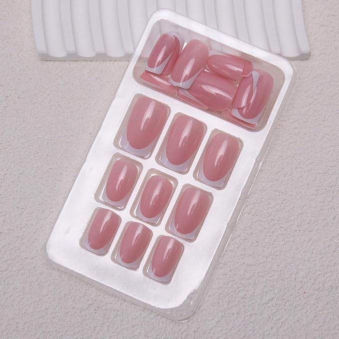 French Tip Press on Nails Short Square Fake Nails Glitter Acrylic Nails Nude Pink False Nails Press ons Stick on Nails Glossy Artificial Nails for Women Girls Nails Decoration 24Pcs