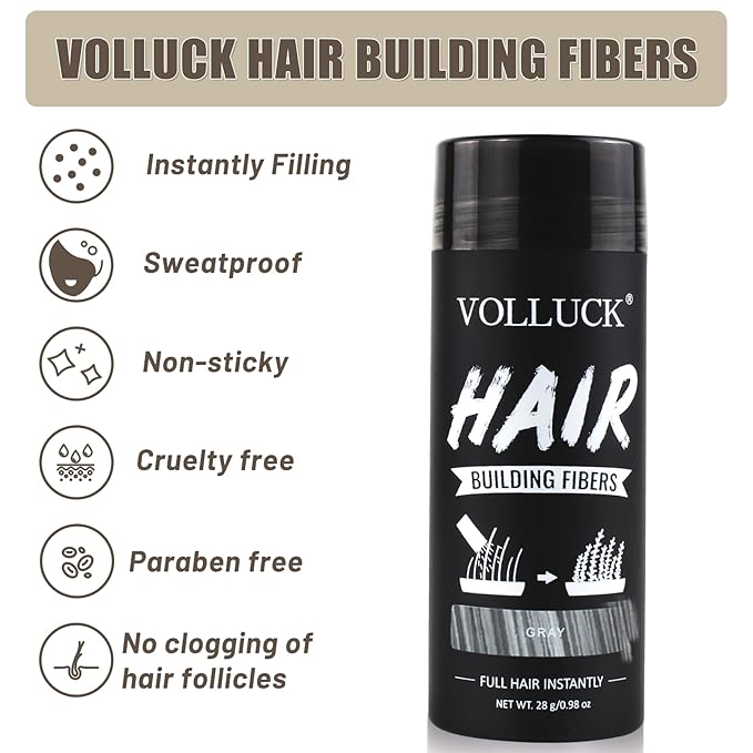 VOLLUCK Hair Fibers for Thinning Hair, Instant Coverage Hair Building Fibers for Women and men, Natural Hair Powder for Conceal Hair Loss 28 g (Gray)