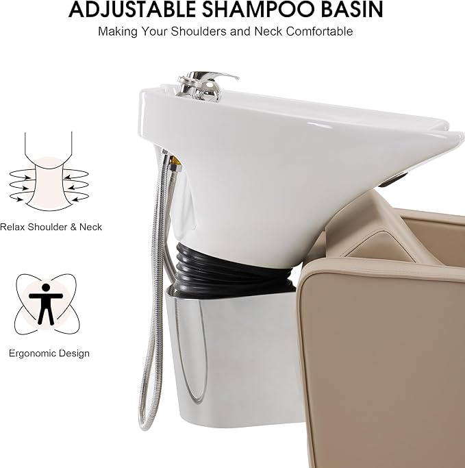 BarberPub Backwash Shampoo Station Chair, Adjustable Porcelain Ceramic Hair Wash Bowl Sink Unit Station, Reclining Shampoo Station Chair for Spa Beauty Salon Hair Salon Equipment 9303 (Beige)
