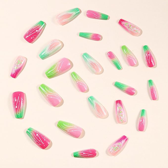 French Press on Nails Coffin Medium Fake Nails Red Pink Stick on Nails with Leaves Designs Green Glue on Nails Lines Acrylic Nail Press ons Gradient Artificial Manicure Full Cover for Women 24Pcs