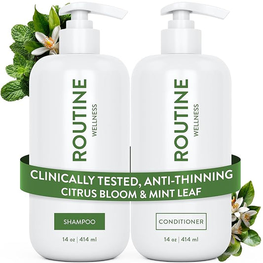 Routine Wellness Anti-Thinning Shampoo and Conditioner Set for Thinning Hair - Biotin DHT Blocker Women & Men - Color Safe Shampoo for Hair Loss & Healthier Hair - Citrus Bloom & Mint Leaf (Pack of 2)