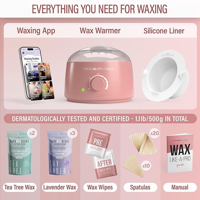 Tress Wellness Waxing Kit for Sensitive Skin – Safe for Face & Skin, Prep & Aftercare Spray, Easy to Use – At-Home Kit for Face, Bikini, Brazilian & Full Body - Pink, No Display