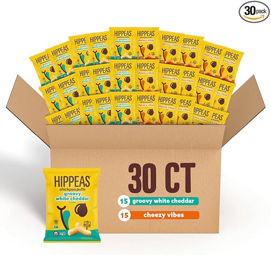 Hippeas Chickpea Puffs, Variety Pack: Vegan White Cheddar, Nacho Vibes, 0.8 Ounce (Pack of 30), 3g Protein, 2g Fiber, Vegan, Gluten-Free, Crunchy, Plant Protein Snacks