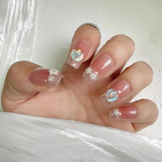 Tomato Red Press on Nails 3D Flower Coffin Fake Nails Medium Length False Nails Natural Fit Stick on Nail Tips for Spring and Summer