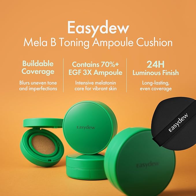 Easydew Mela B Toning Ampoule Cushion Refill - 2-in-1 Korean Skin Care & Face Beauty Makeup - Age-Defying Full Coverage Cushion Foundation with Niacinamide & Hyaluron-Vital C 0.45 oz (#33 Almond)