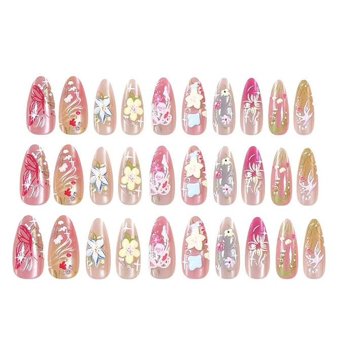 30Pcs Colorful Flower Press on Nails Medium Almond Fake Nails Butterfly Flower Press Ons with Pearl Rhinestones Glitter Full Cover Stick on Nail Cute False Nails Glue on Nails for Women Manicure Tips