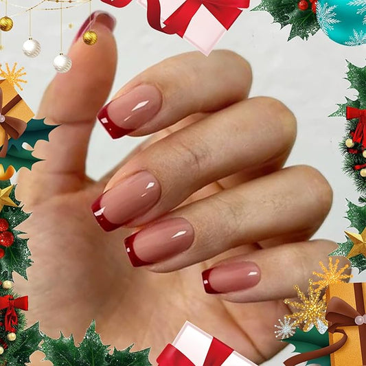 Modelones Press on Nails, Red Chrome French Short Square Fake Nails, Deep Pink Reusable Nail Kit with Nail Glue Adhesive Tabs Mini Nail File, Nails Press Ons 32Pcs16 Sizes, Christmas